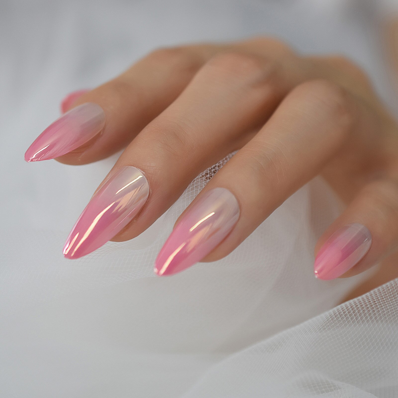Churchf Ombre Nails Women Nails Fake Metallic Medium Stiletto Nude Pink ...