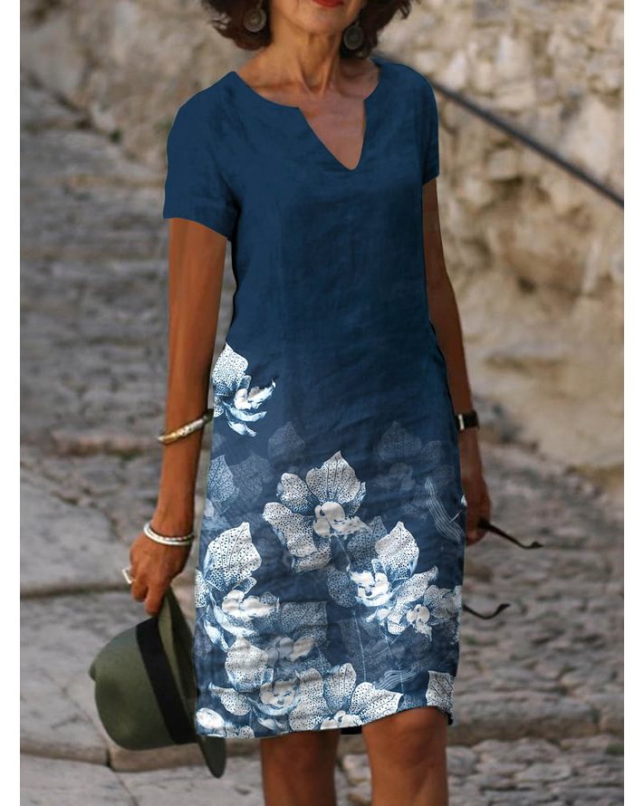 Summer Casual Contrast Print Straight Skirt Casual Short Sleeve V Neck Shift Dresses