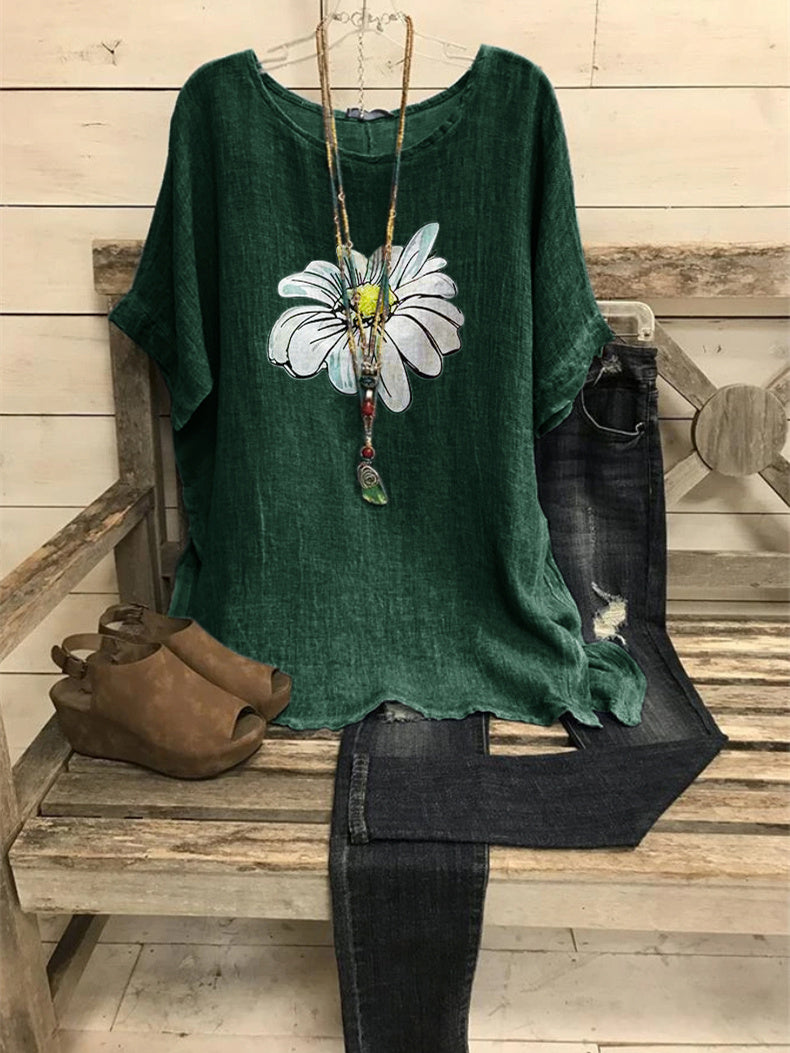 Women Short Sleeve Scoop Neck Floral Printed Graphic Tops