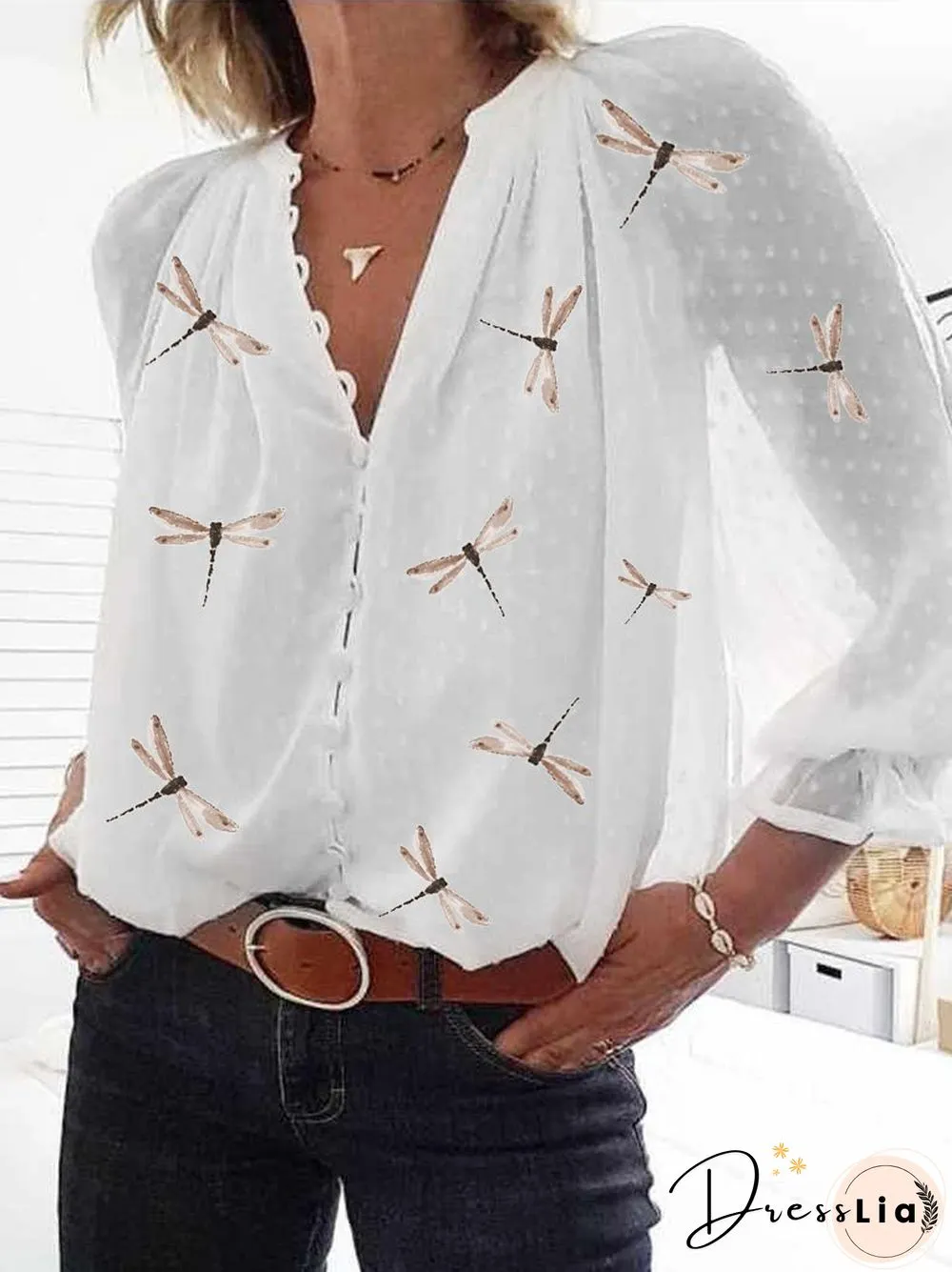 Women Casual Chiffon Floral Long Sleeve V Neck Blouse