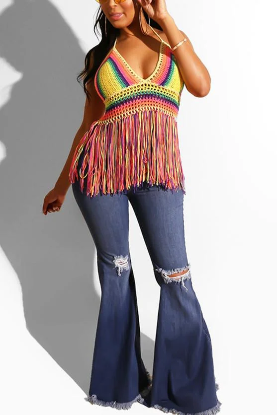 Sexy Contrast-Color Knitting Tassel Vest  Top