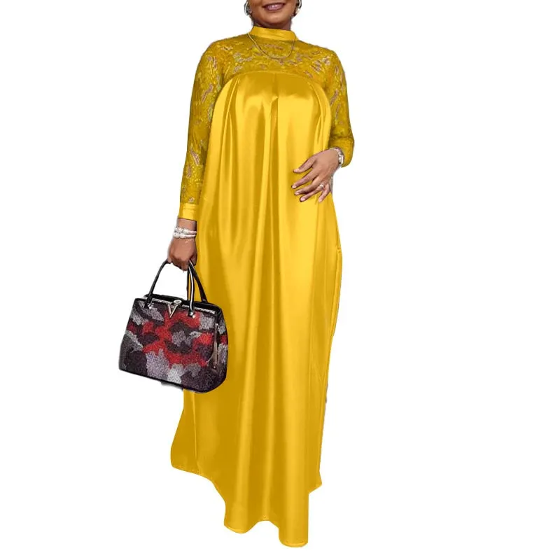Summer Kaftan Dress 2022 VONDA Bohemian Women Long Sleeve Mock Neck Lace Patchwork Maxi Long Dress Robes Longues Oversized