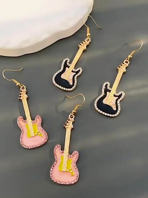 Oil Drip Zirconia Guitar Gold Plated Earrings