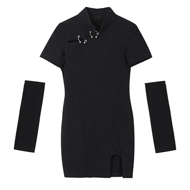 Chic Hollow Out Split Dress With Gloves - Modakawa modakawa