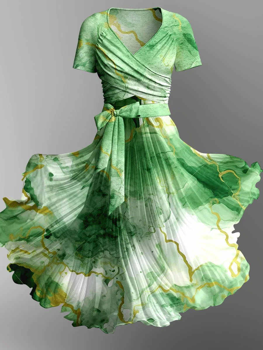 Gold Foil Tie-Dye Art Print Elegant Vintage Chic V-Neck Strap Short Sleeve Midi Dress