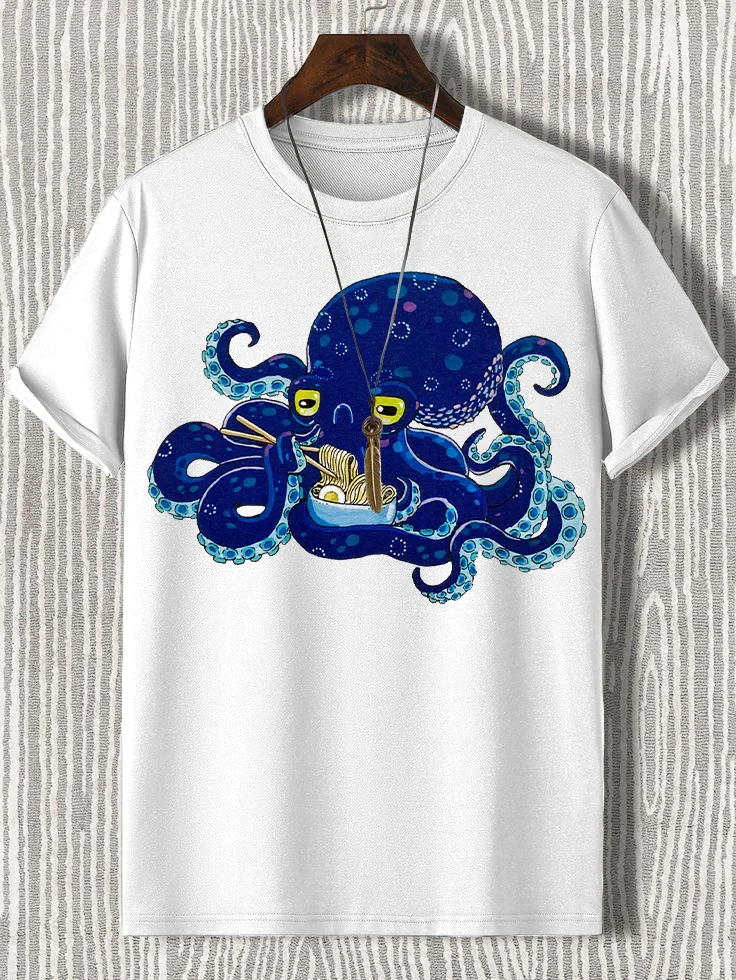 Men's Octopus Eating Ramen Print Cotton Casual T-Shirt