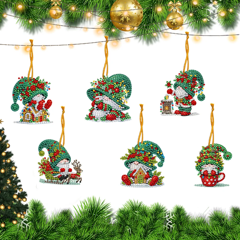6pcs Xmas Gnome 2D Flat DIY Diamond Painting Art Pendant Wall Door Decoration