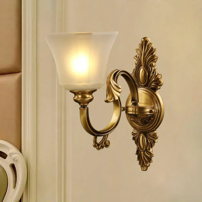 Paneled Bell Frosted Glass Sconce Antiqued 1-Light Bedside Wall Lighting Fixture in Bronze