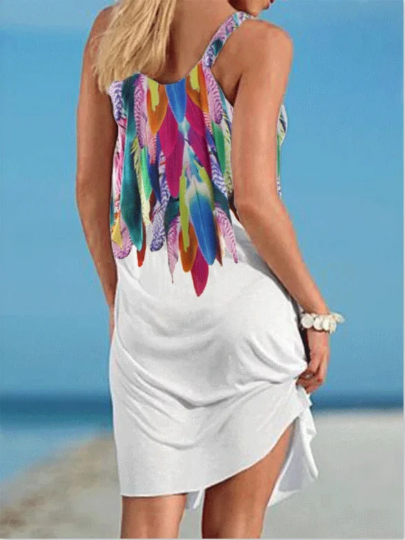 Color feather print suspender dress