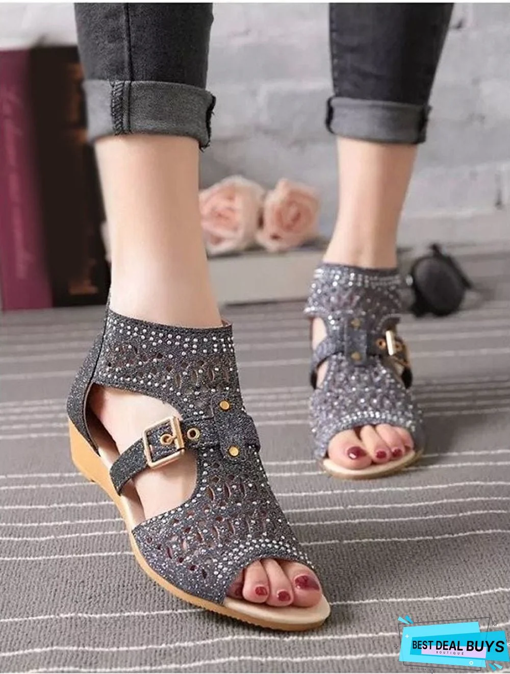 Women Wedges Heel Buckle Strap Gladiator Sandals Peep Toe Low Heels Sandals