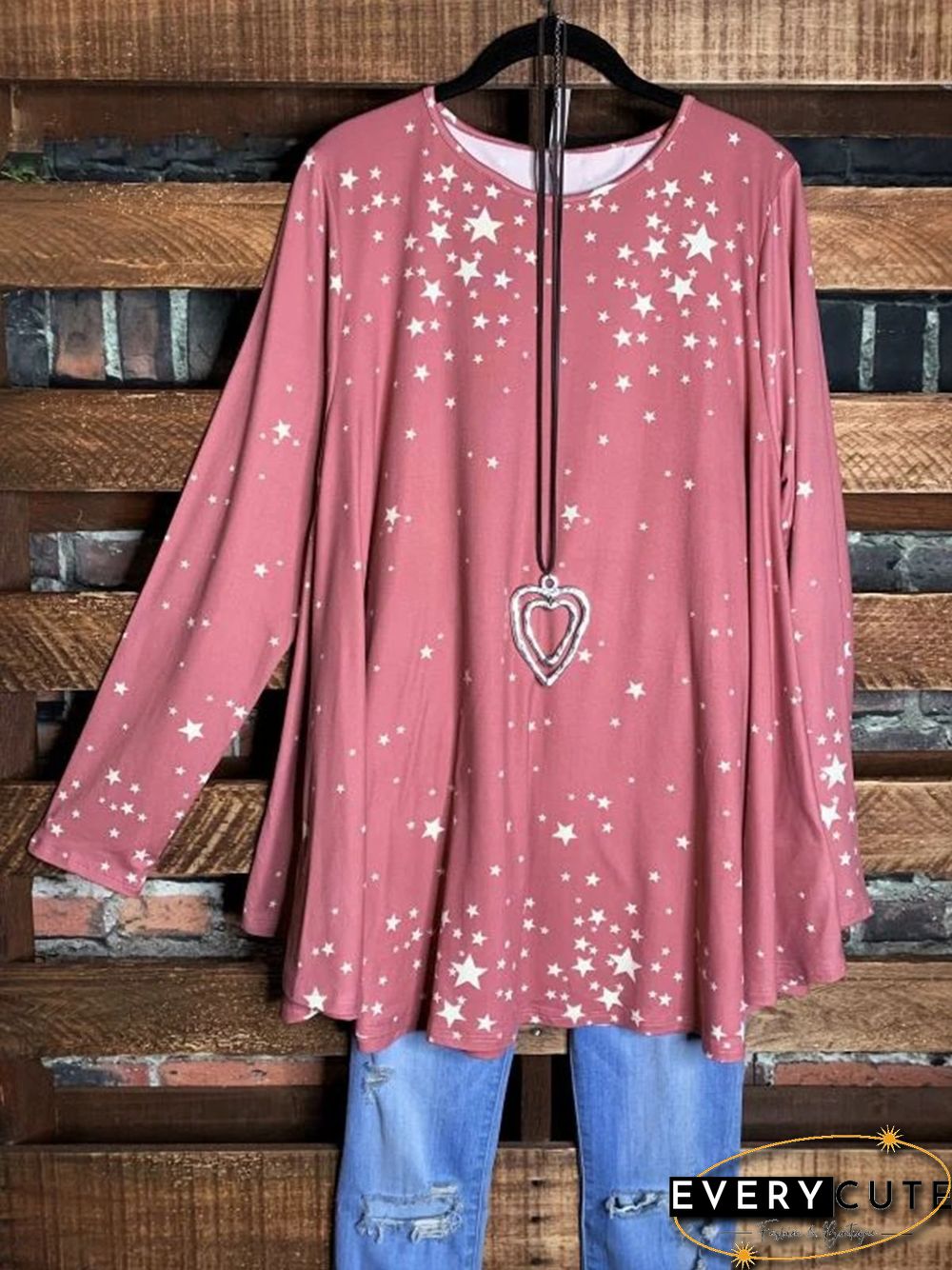Pink Stars Printed Shift Crew Neck Long Sleeve Tops
