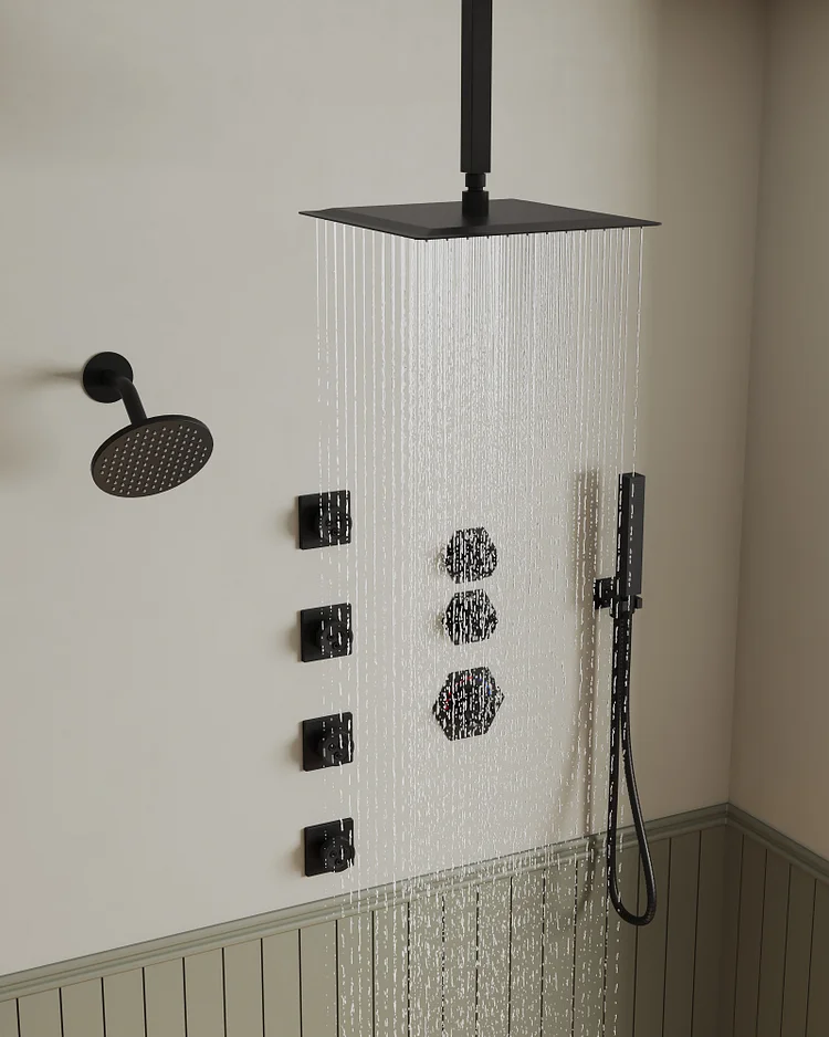 EVERSTEIN SFS-1039-BK12 12" Dual Rainfall Shower Faucet with 8-Spray Patterns, Ceiling Mounted and Rough-in Valve