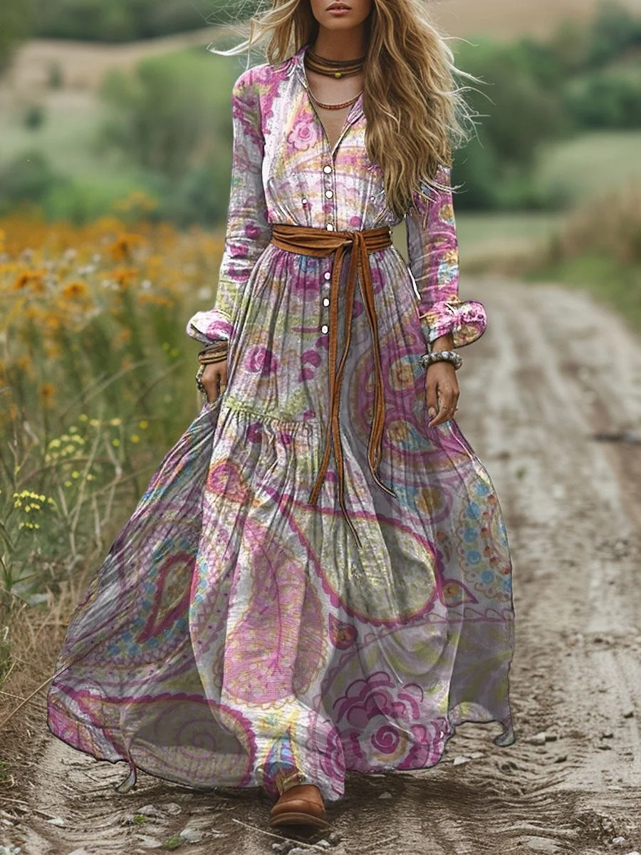 Women's Retro Paisley Floral Print Pocket Cotton Dress
