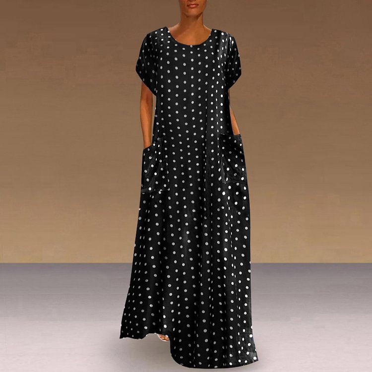 VONDA Women Holiday Party Polka Dot Midi Dress O Neck Loose Kaftan Dress Plus Size Vestidos - Shop Trendy Women's Clothing | LoverChic