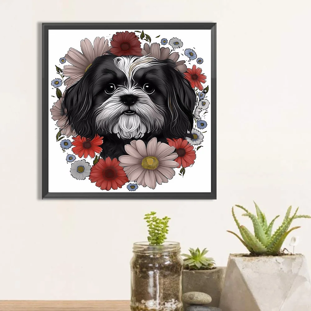 Diamond Painting - Full Round Drill - Flower Dog(Canvas|30*30cm)
