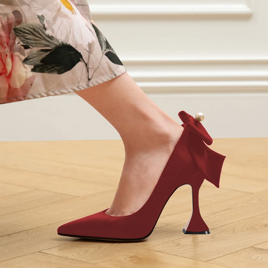 Red Satin Slip-On Pointed Toe Pumps Heels with Pearl Bow Accent