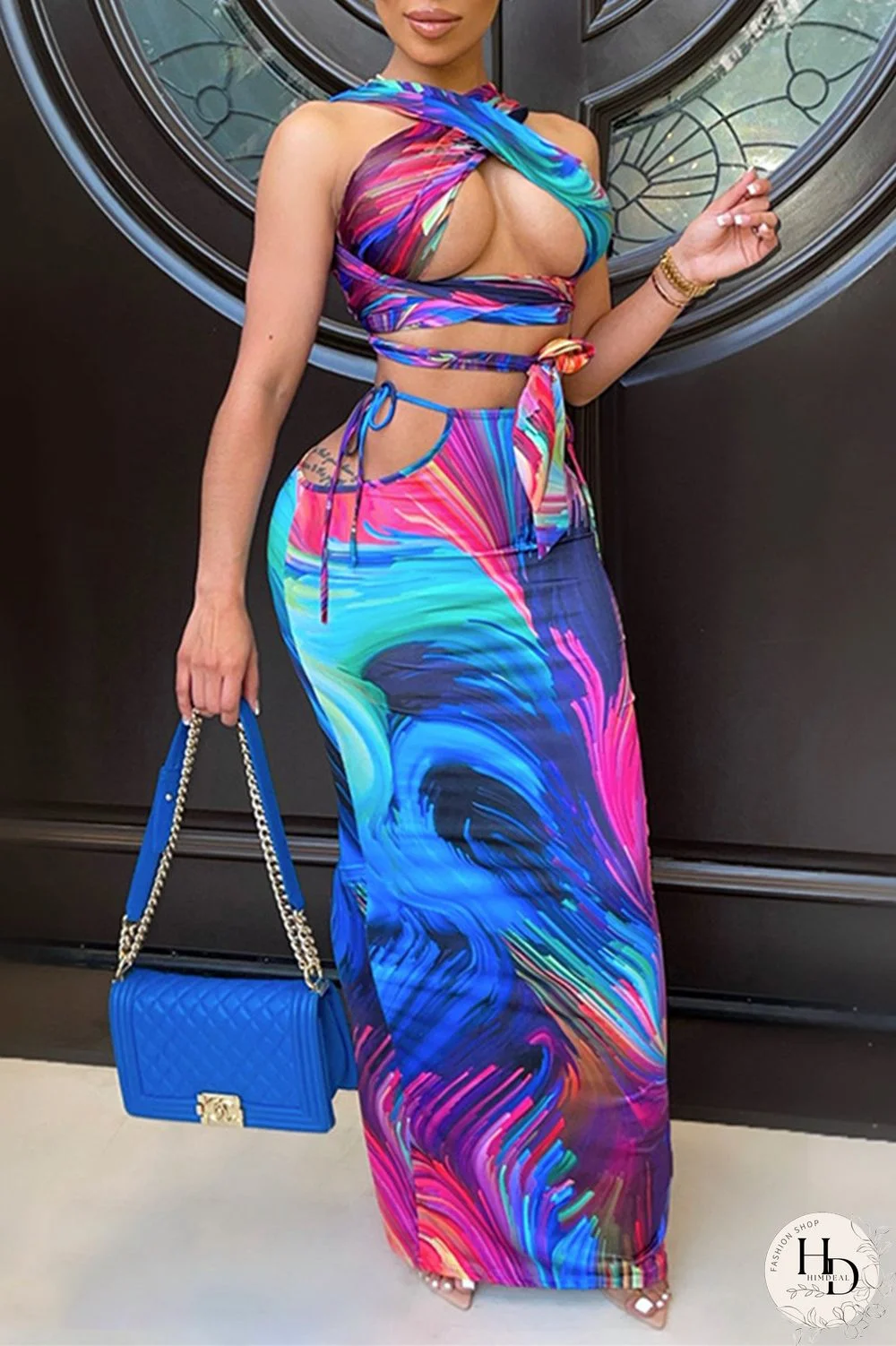 Blue Fashion Sexy Print Bandage Hollowed Out Backless Spaghetti Strap Sleeveless Two Pieces