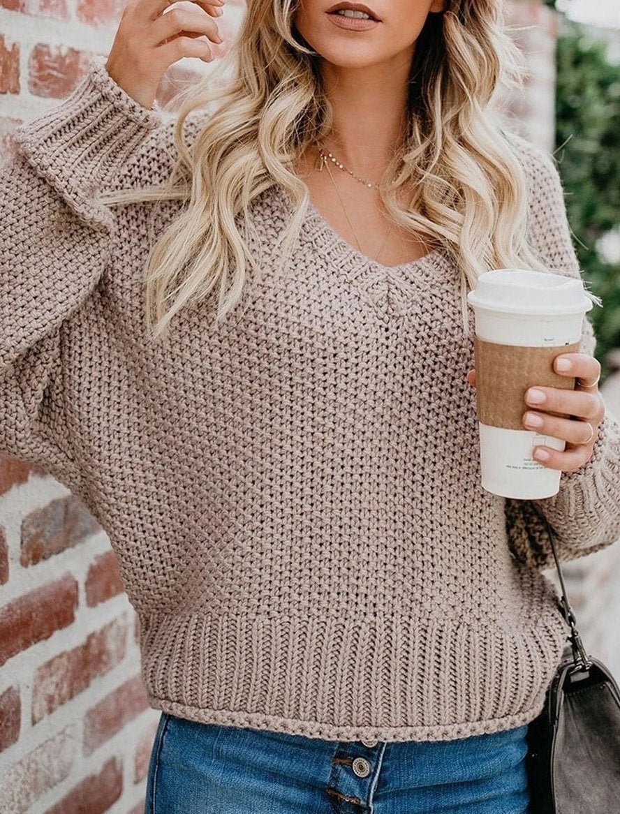 Autumn And Winter Loose Knit V-neck Pullover Sweater | EGEMISS