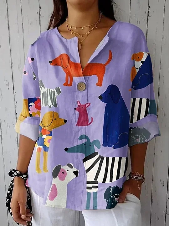 Women's Dog  Art Print Casual Cotton Linen Shirt