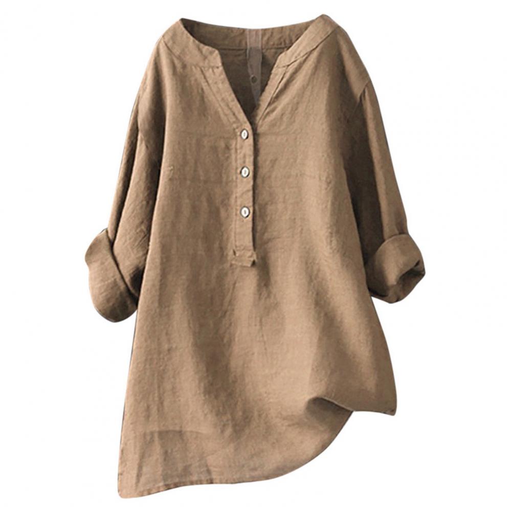 Women Long Sleeve Oversize V-neck Casual Loose Cotton Linen Blouse