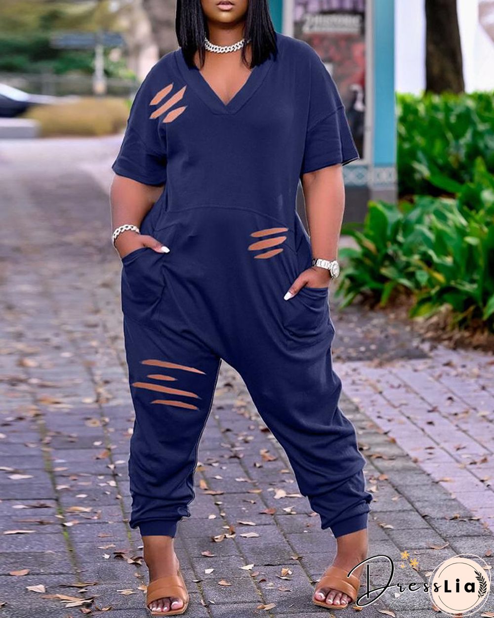 Pocket Design Cutout Short Sleeve Jumpsuit