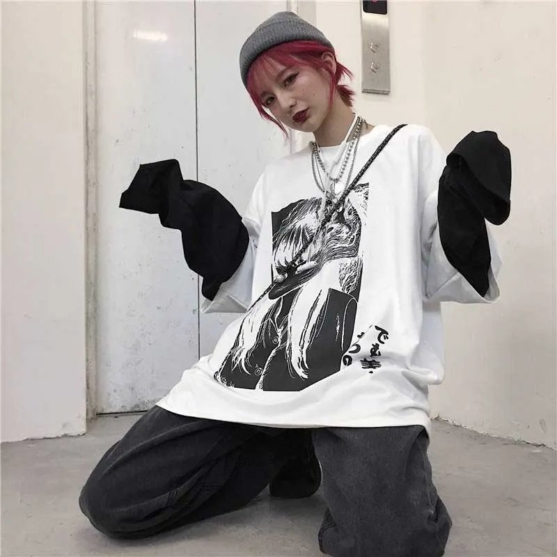 NiceMix Harajuku T-shirt Women Fake 2 Pieces Print Japanese Fujiang Horror Comics Long Sleeve Shirt Women Vetement Femme 2020