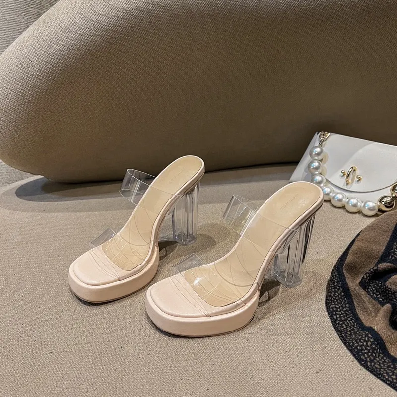 Breakj Breakj High-Heeled Women's Summer New Waterproof Table With Ultra-High Heel Slippers Crystal And Coarse Sandals Women's