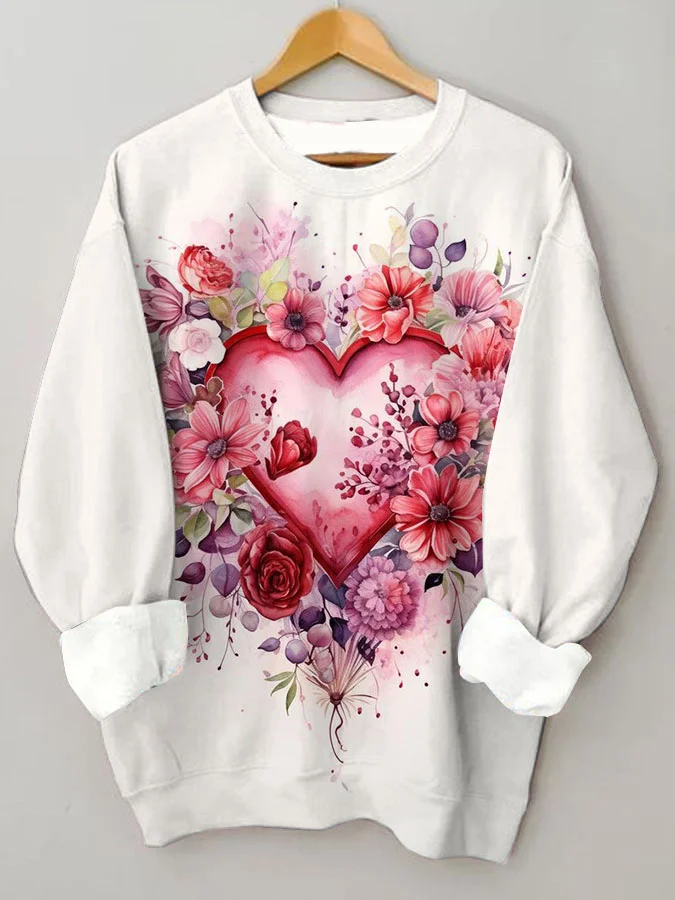 Vintage Valentine Heart Floral Print Crew Neck Sweatshirt