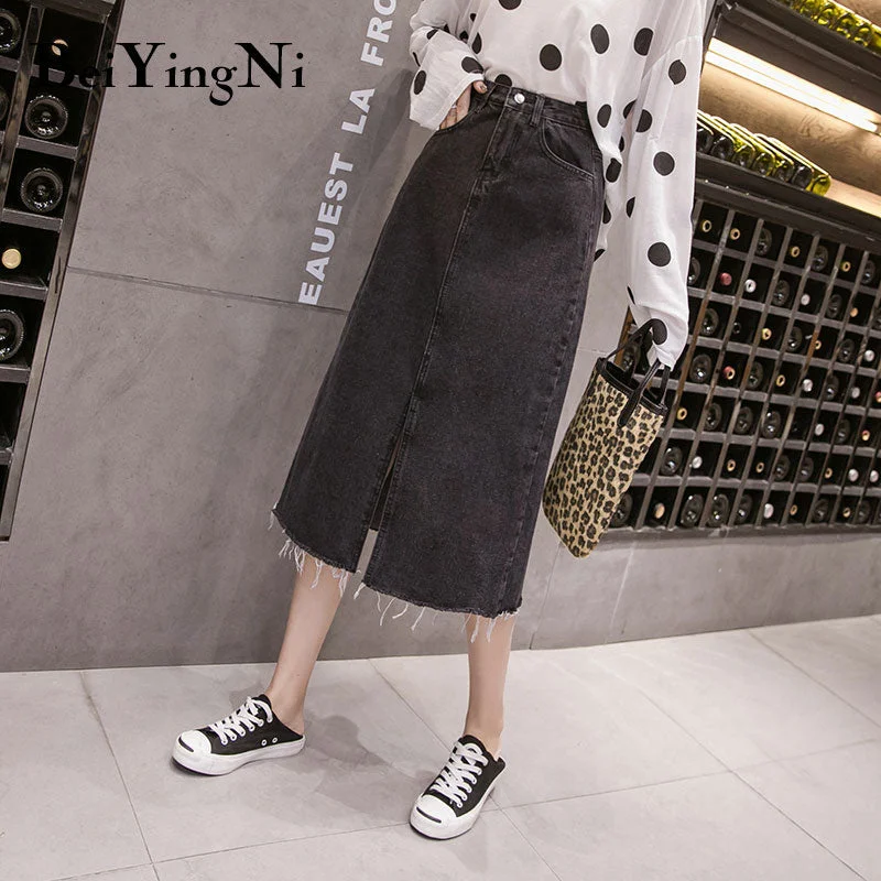 Beiyingni Plus Size Denim Skirt Women Black S-5XL Split Vintage 2019 Slim Jeans Skirts Elegant Casual Street Saia Midi Faldas BF