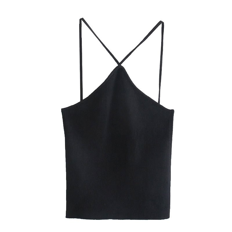 TRAF Women Fashion Hollow Out Cropped Knit Tank Tops Vintage Backless Thin Straps Female Camis Mujer