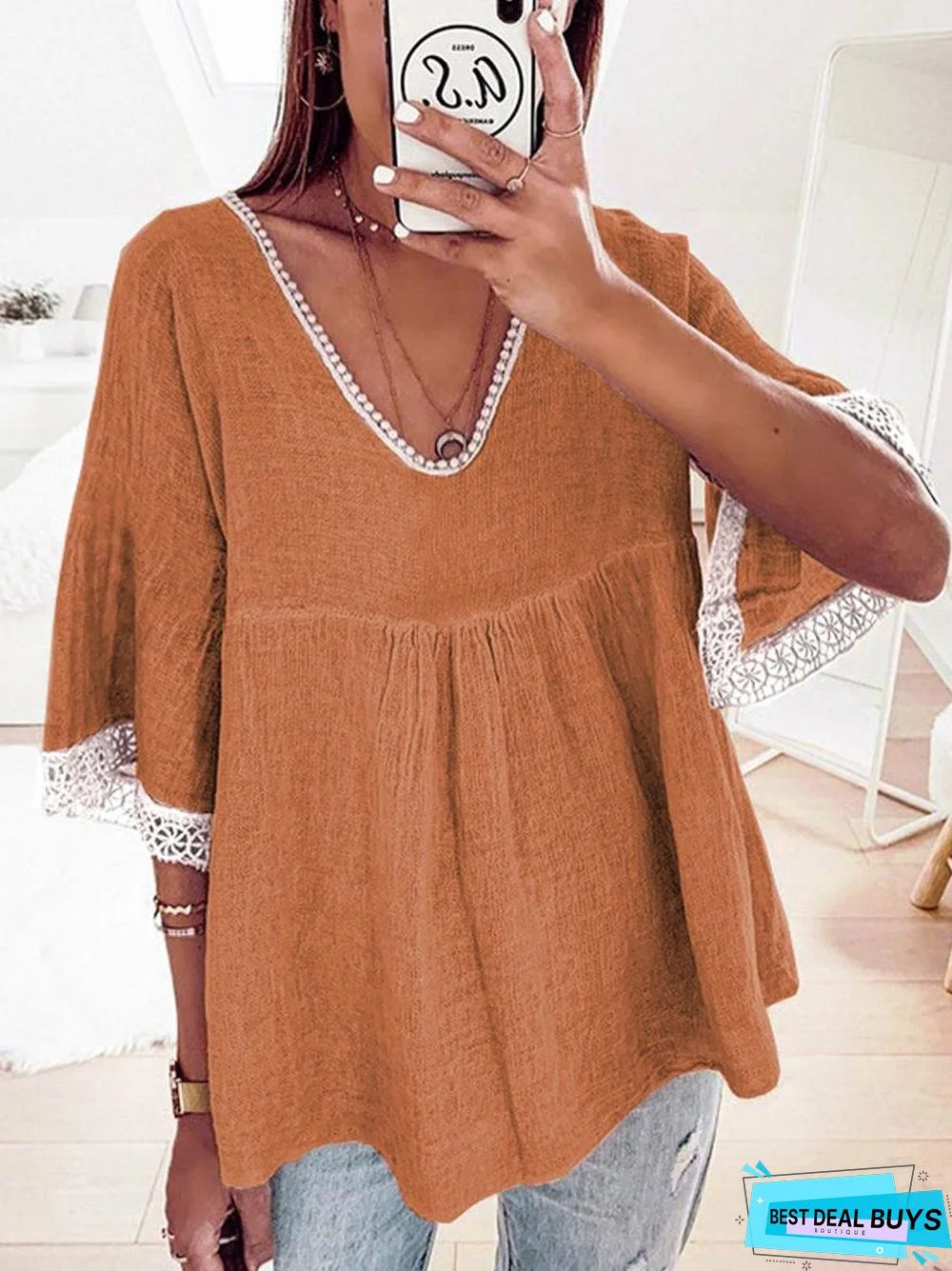 Casual Lace Stitching Five-Quarter Sleeve Cotton and Linen Shirt