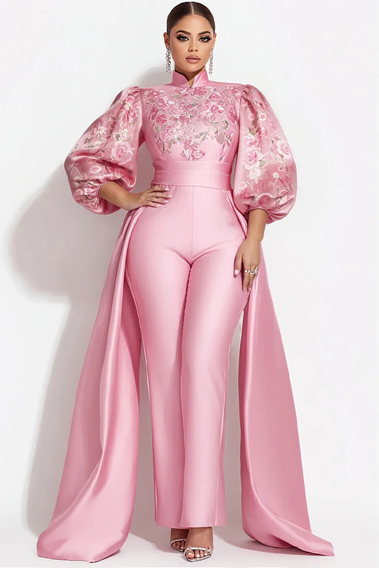 Xpluswear Design Plus Size Formal Organza Pink Floral Stand-Up Collar Puff Sleeve 3/4 Sleeve With&nbsp;Skirt&nbsp;Overlay&nbsp;Satin Jumpsuits [Pre-Order] 2024 - Xpluswear