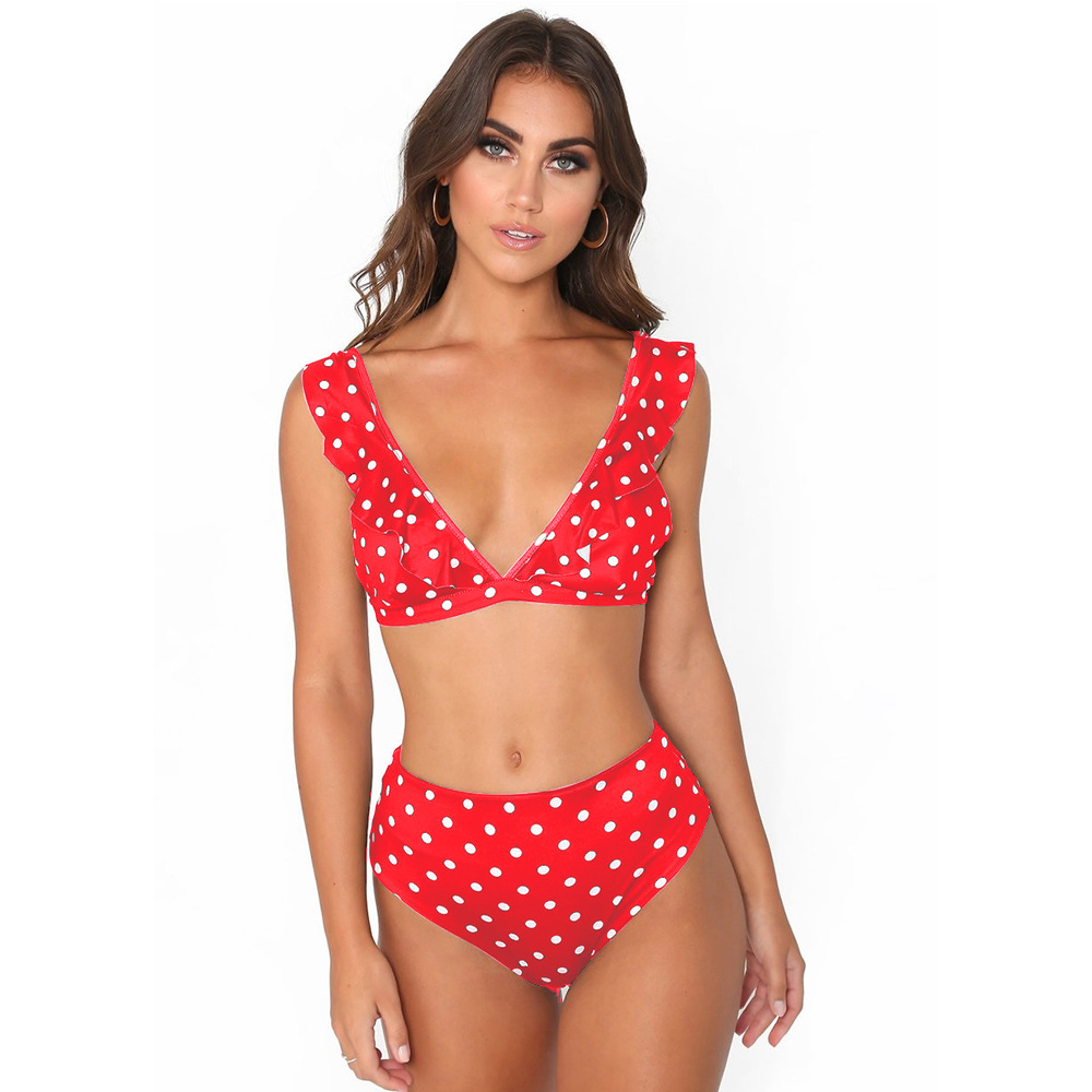 Mature Women Polka Dot Print Swimsuit Deep V-neck Bikini Set Summer Beach