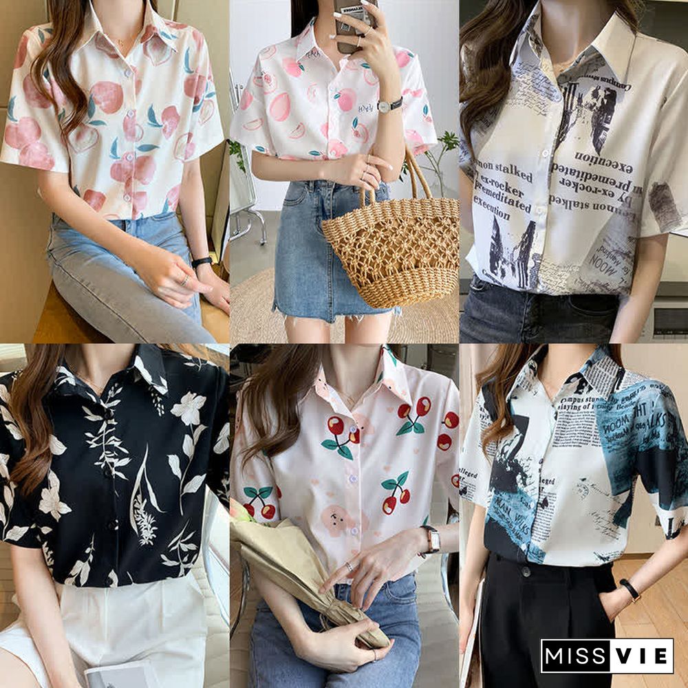 Cartoon Print Lapel Short Sleeve Loose Shirt