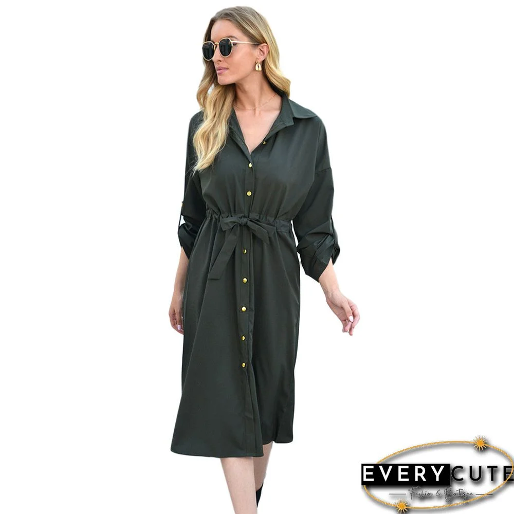 Dark Green Turndown Collar Tie Waist Shirt Dress