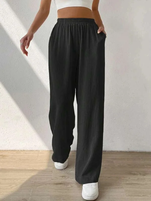 Elasticity Solid Color Split-Joint High Waisted Loose Trousers Pants