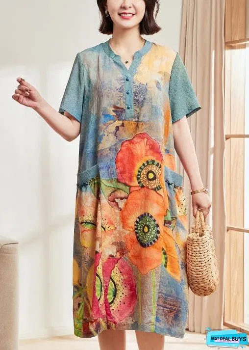 Women Blue Print Pockets Cotton Dresses Short Sleeve