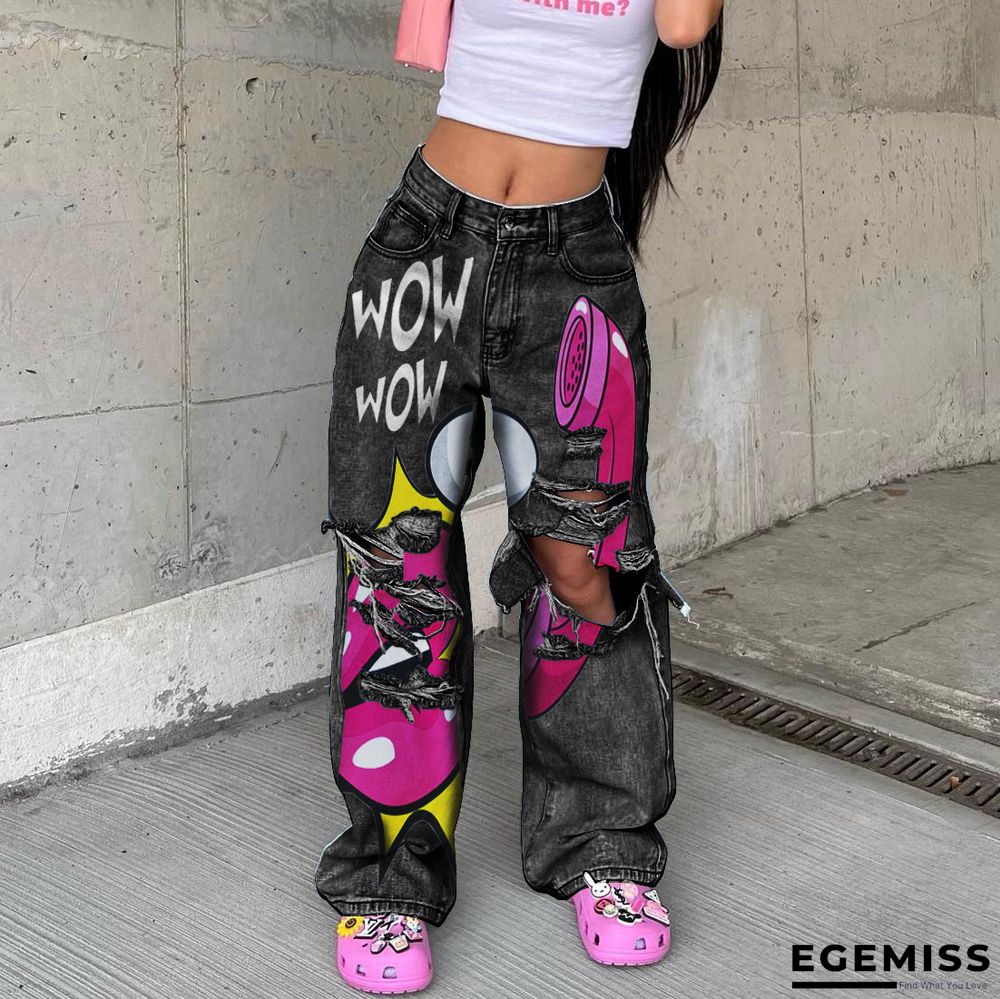Grey Street Print Ripped Make Old Patchwork High Waist Straight Denim Jeans | EGEMISS