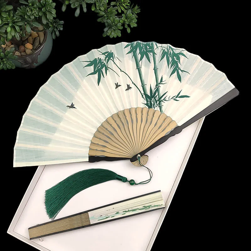 Cotton Linen Folding Bamboo Koi Fish Crane Handheld Fan