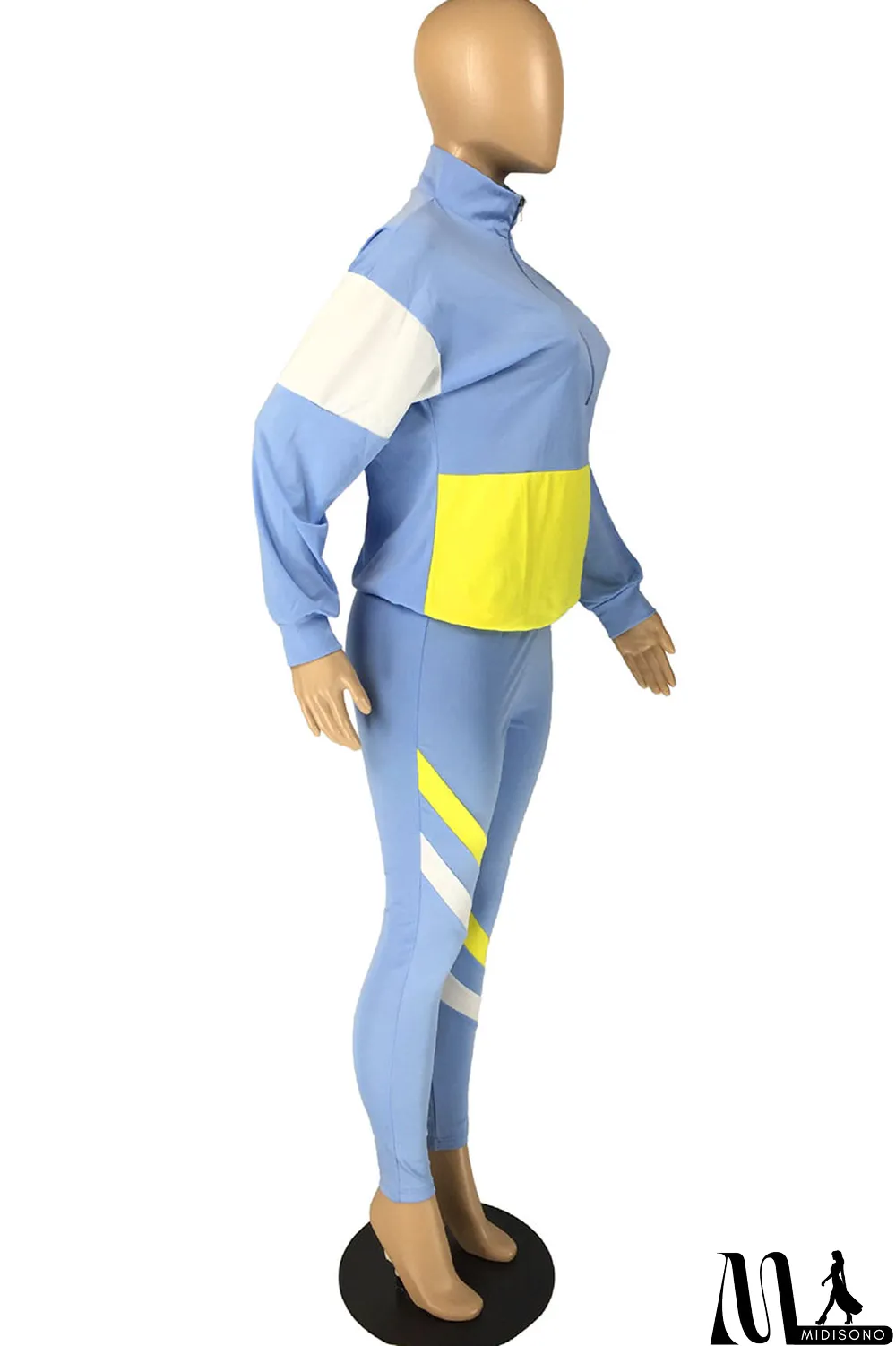 MidiSono - Fluorescent green Casual Striped Print Zippered Split Joint Mandarin Collar Long Sleeve Two Pieces