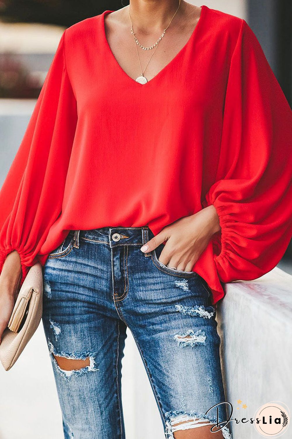 Fashion Street Solid Split Joint V Neck Tops