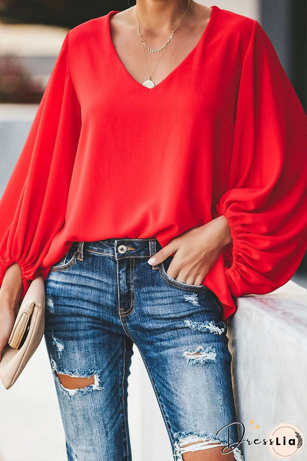 Fashion Street Solid Split Joint V Neck Tops