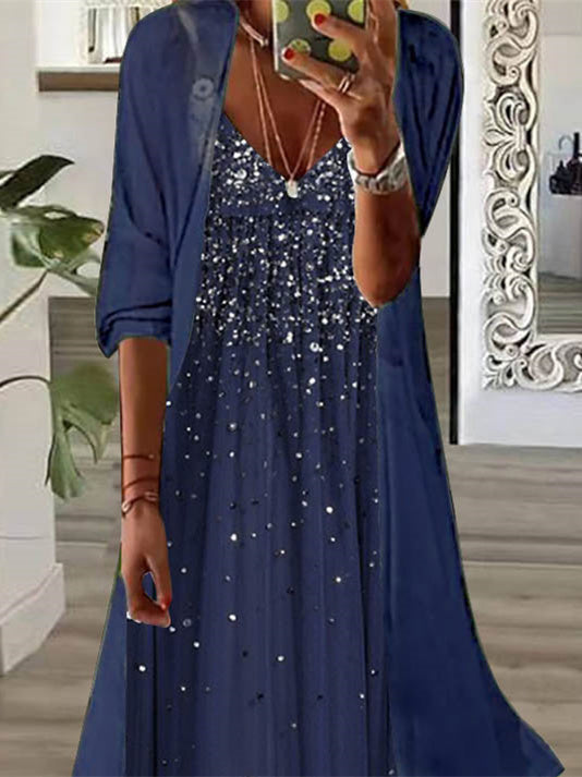 Women Half Sleeve V-neck Solid Color Dress