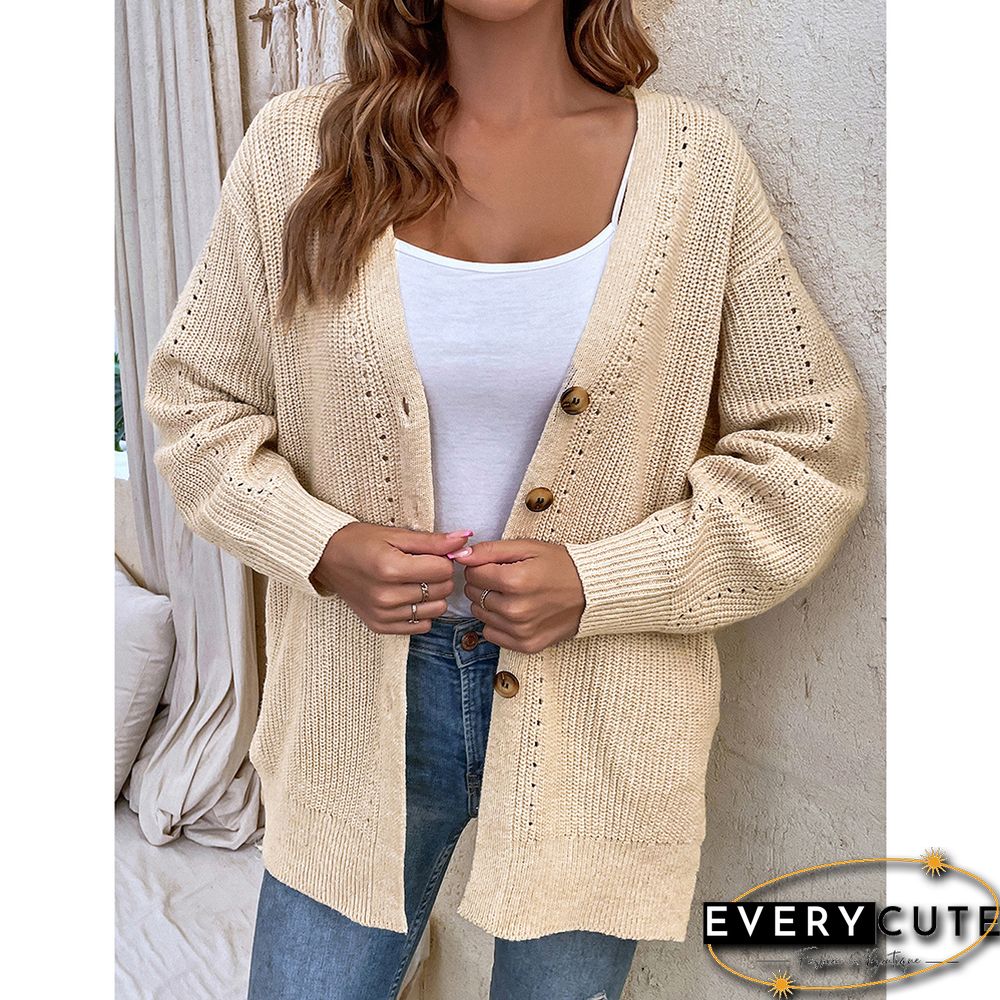 Khaki Hollow-out Button Split Cardigan