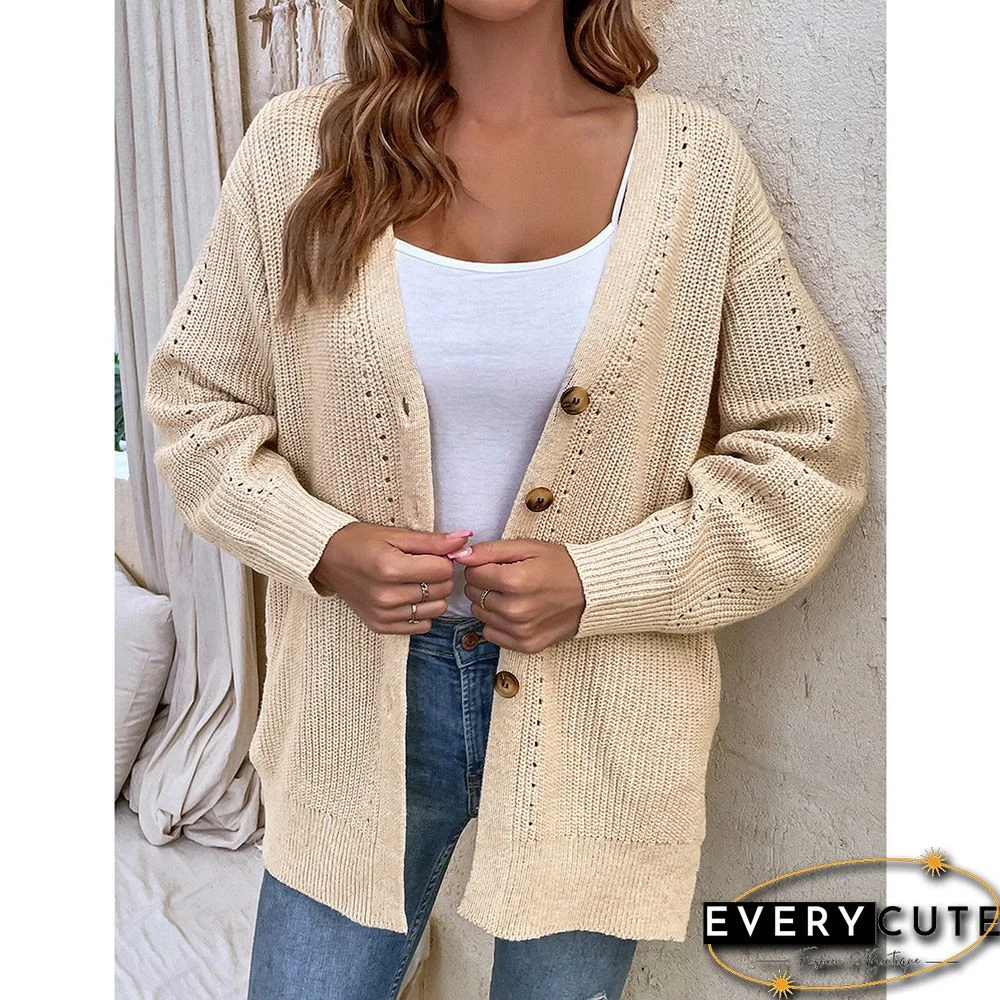 Khaki Hollow-out Button Split Cardigan