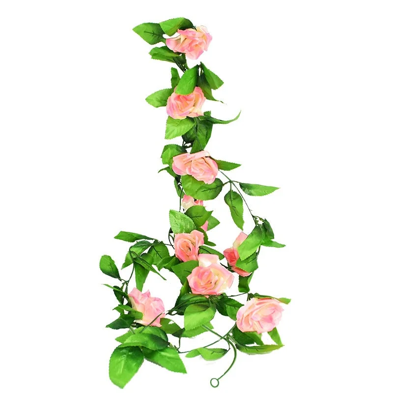 2.4m Silk Artificial Roses Flowers Rattan String Vine with Green Leaves For Home Wedding Garden Decoration Hanging Garland Wall