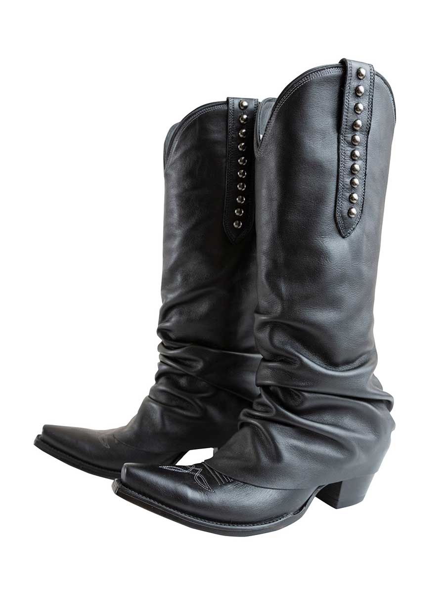 Black Snip Toe Chunky Heel Studded Knee-High Fold Over Boots