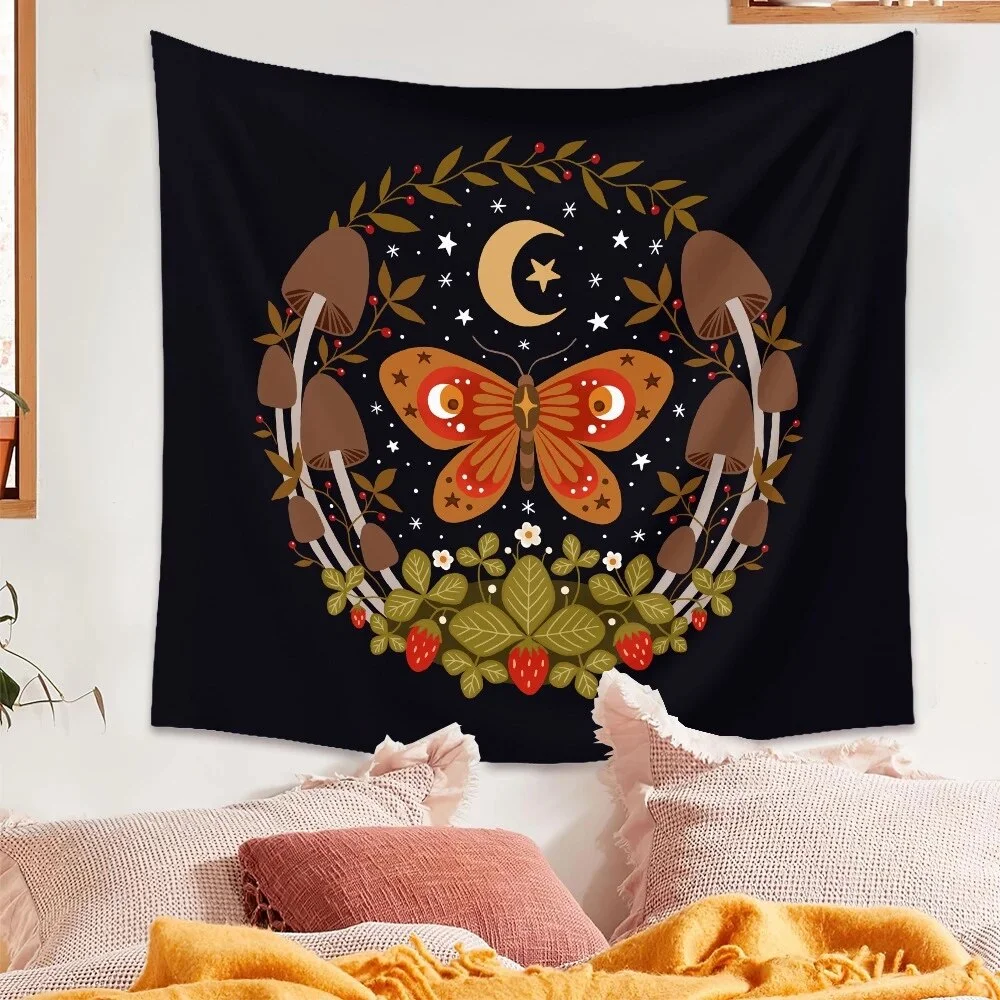 Bee Butterfly Flower Plant Tapestry Wall Hanging Black Background Cloth Moon Sun Tapestry For Farmhouse Decoration tapestry