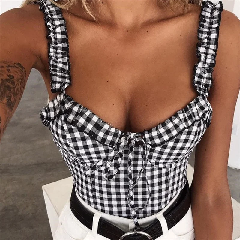New Women Sexy Ruffiled Tank Tops  Bow Off Shoulder Vest Female Holiday Sleeveless Straps Crop Tank Tops Party Club Streetwear