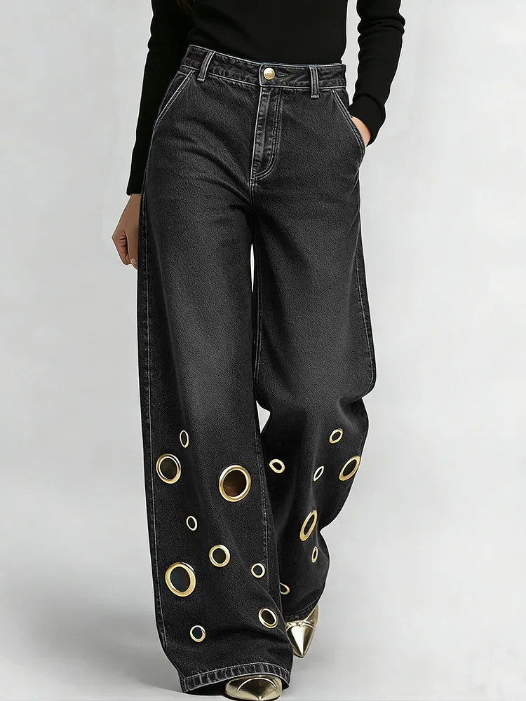 Women's High-waisted Hollow-out Design Casual Loose Wide-leg Jeans